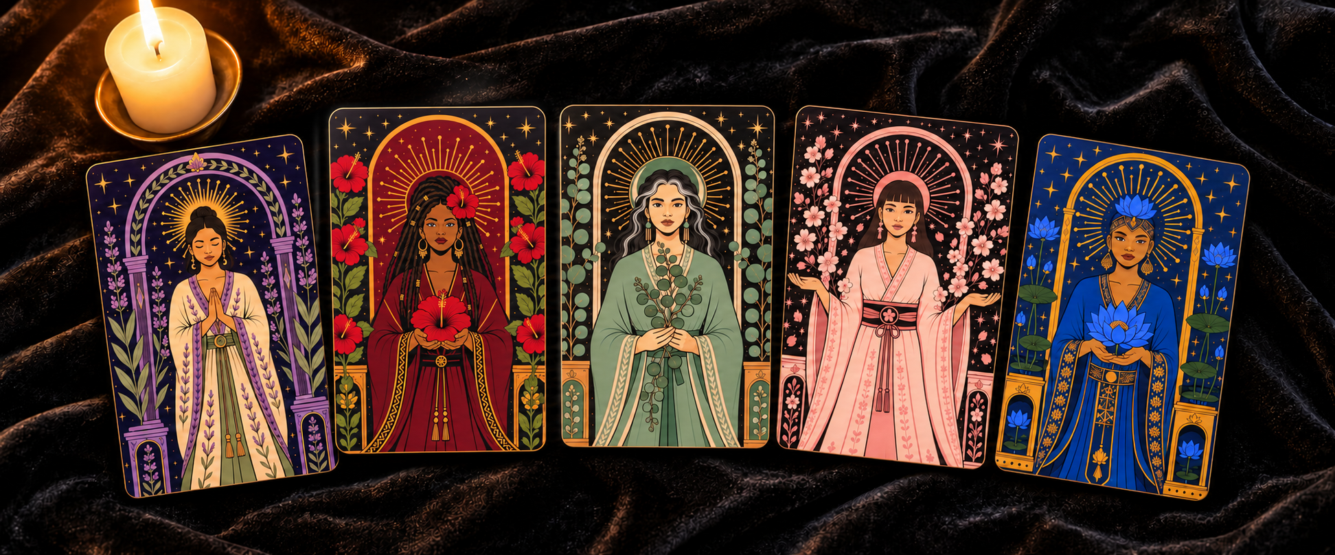 Five Sacred Trios botanical cards laid on black velvet beside a lit candle