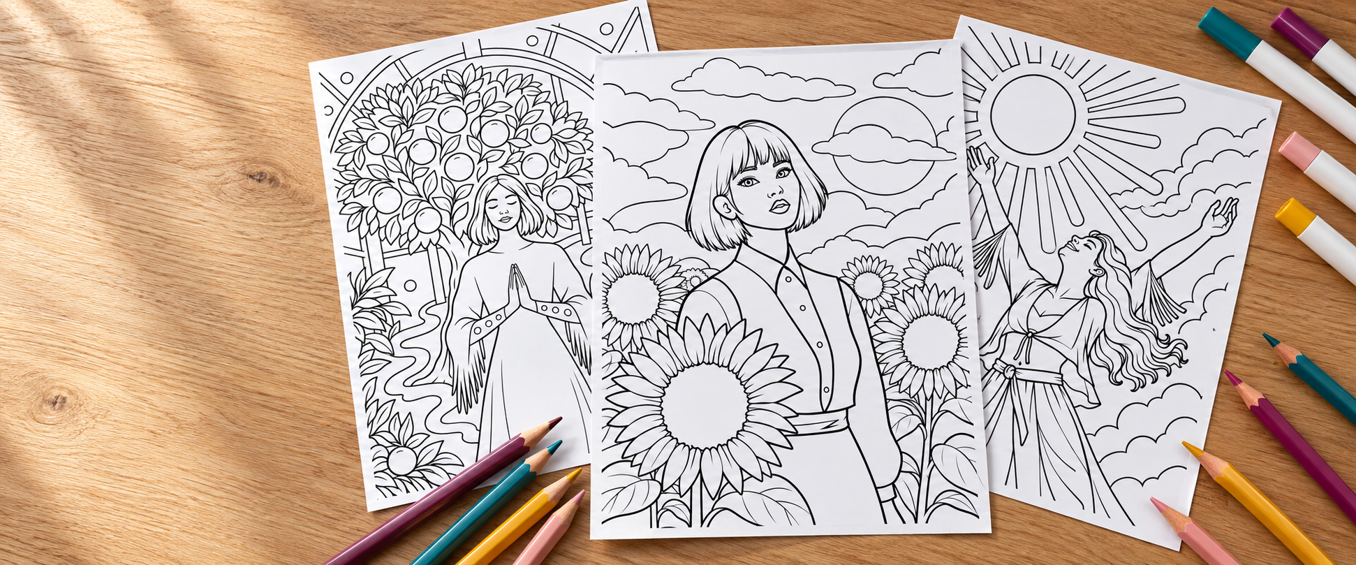 Three illustrated colouring pages spread on an oak table with pencils and markers