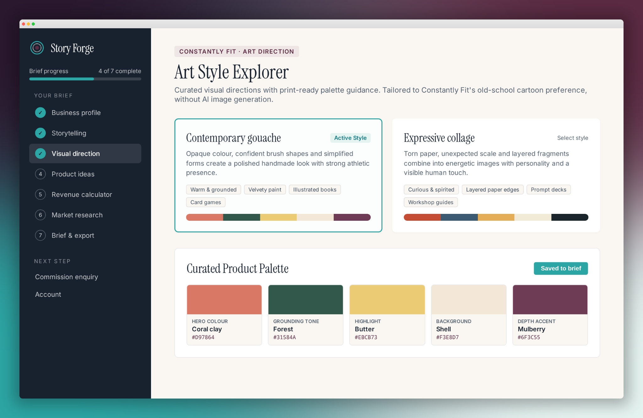 Story Forge example showing art styles and a colour palette for Constantly Fit