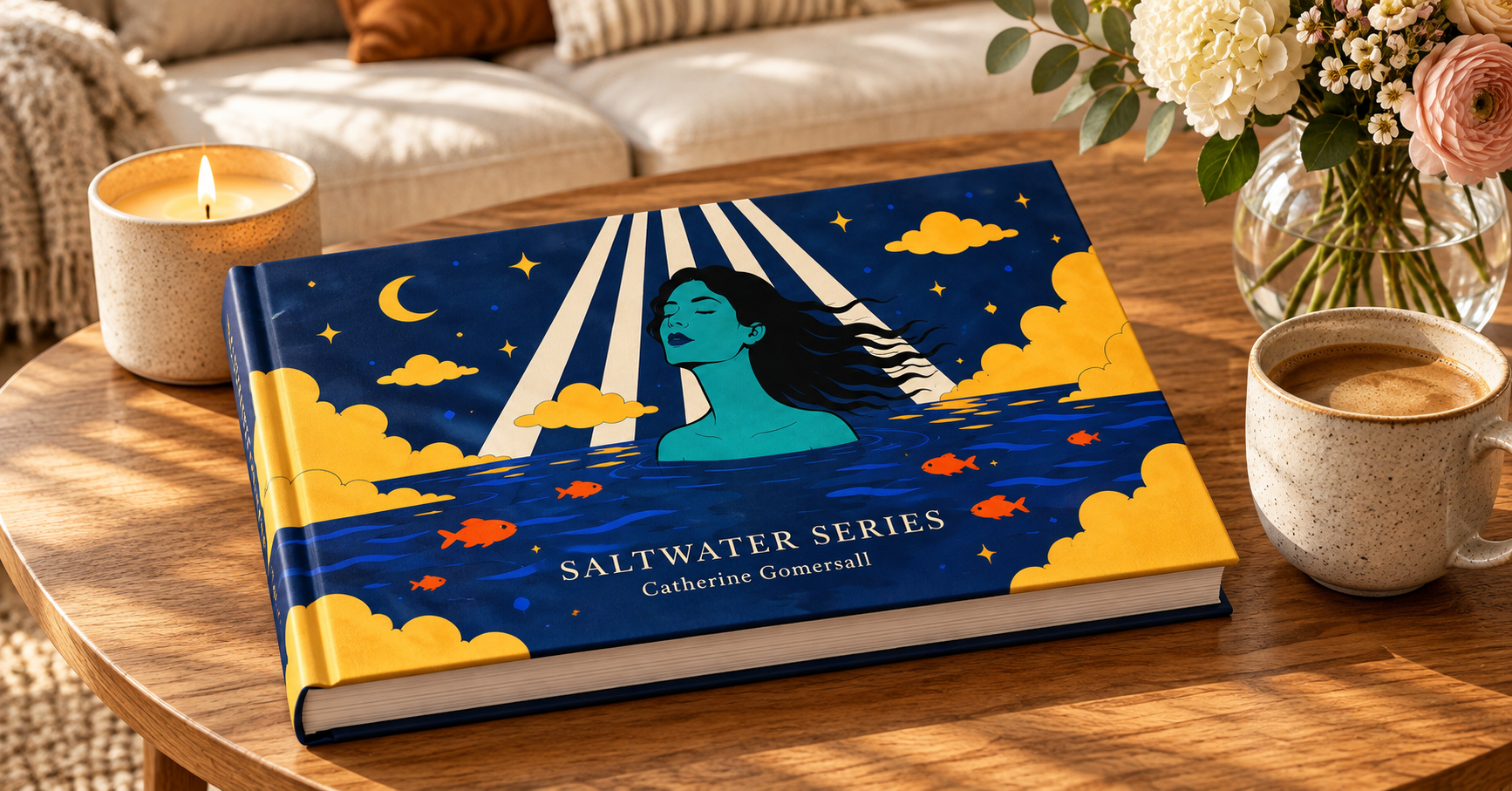 Concept mockup of a Saltwater Series book featuring Celestial Drift artwork on a coffee table