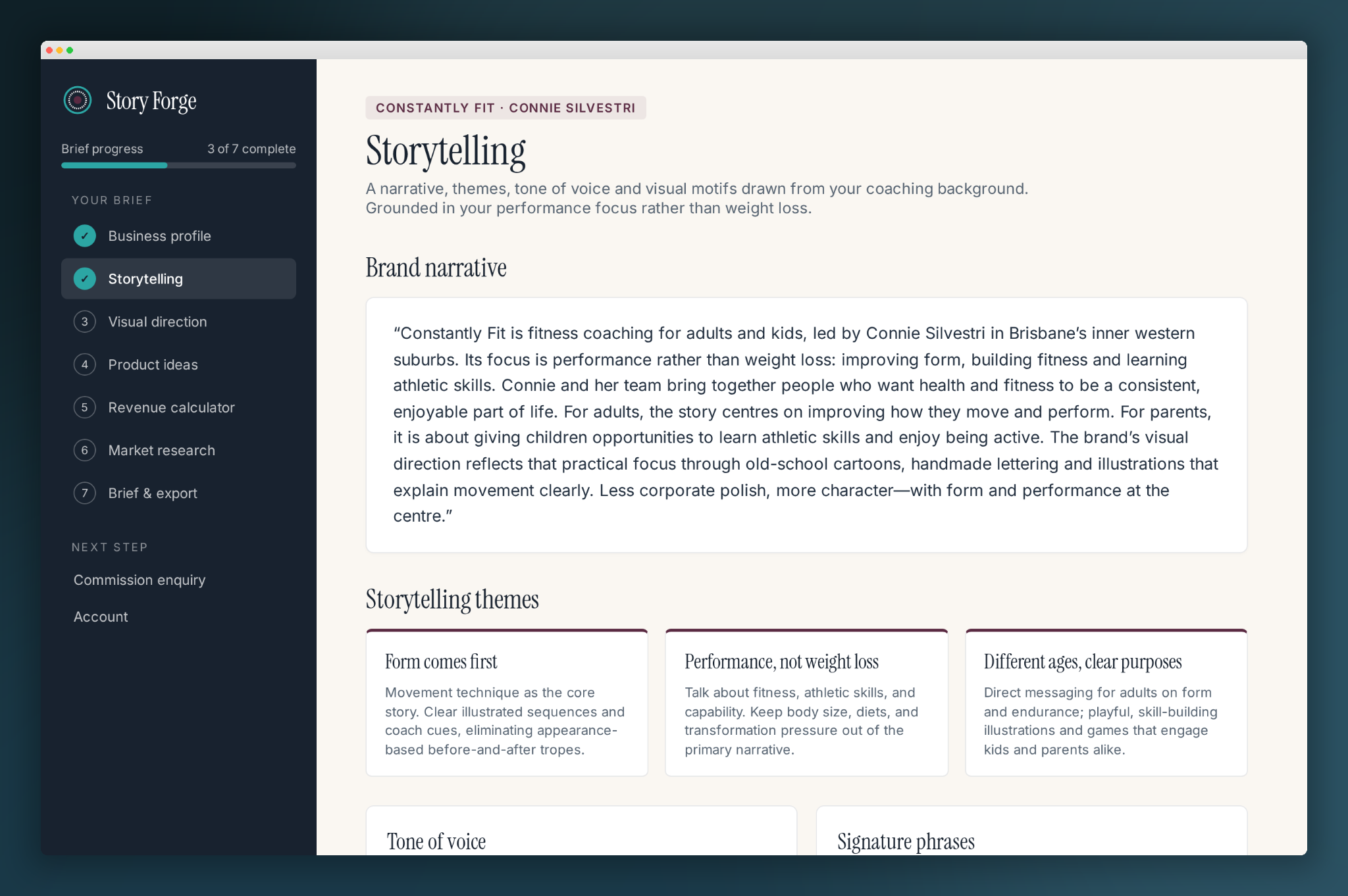 Story Forge example showing storytelling themes for Constantly Fit