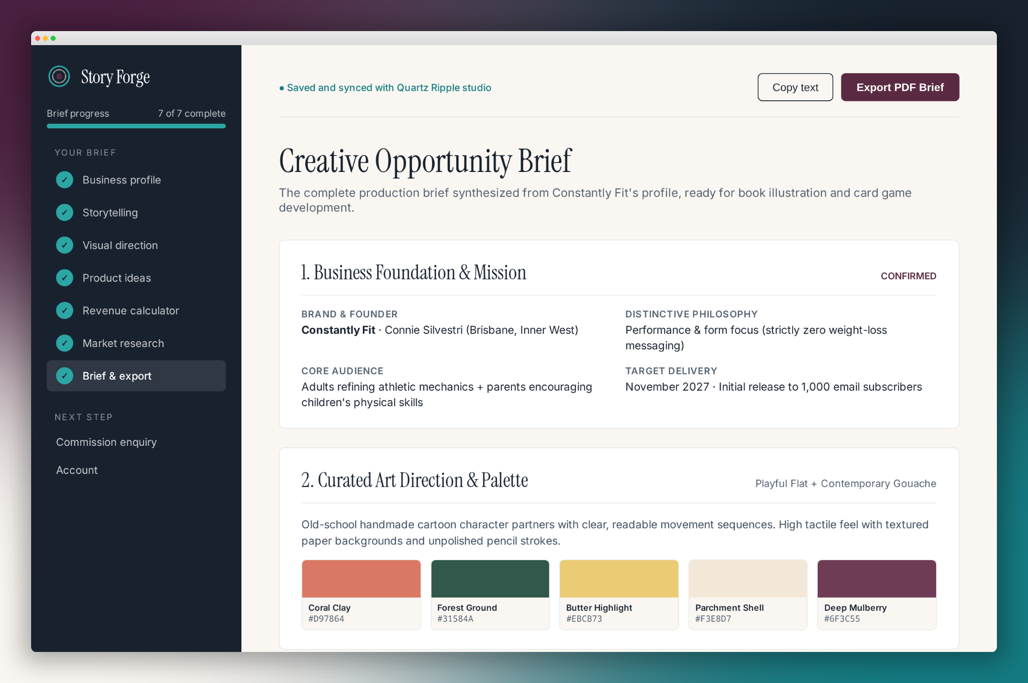 Story Forge example showing a creative brief for Constantly Fit